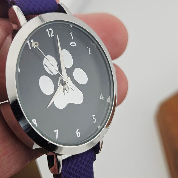 Animal Rescue Silver Tone Pawprint Dial Watch Purple Band Dog Cat Pet Lover TLC - Picture 3 of 6